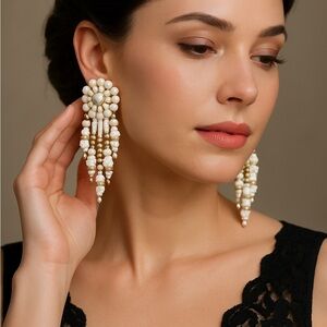 Elegant Chalk White Beaded & silver chandelier Earrings sm Austrian crystals.